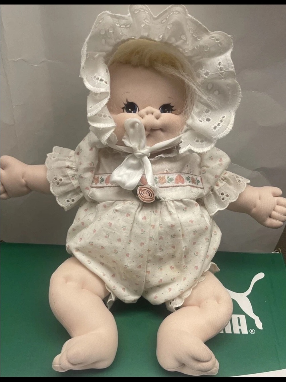 Plush Baby Doll in White with Pink Floral Accents